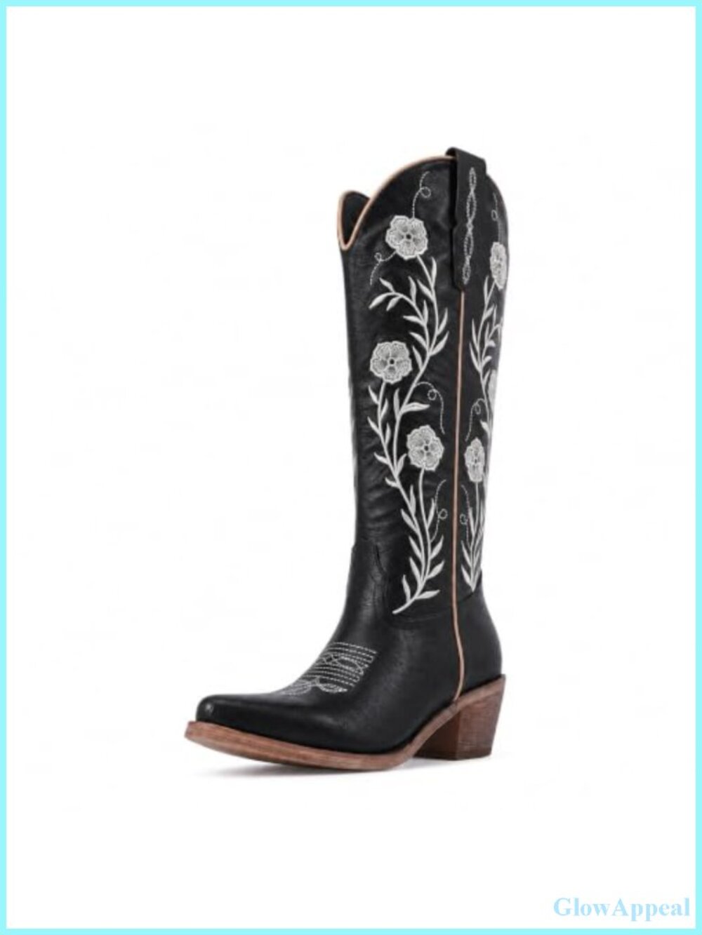 Wide Calf Cowboy Boots Knee High Floral Embroidered Snip Toe Faux Leather